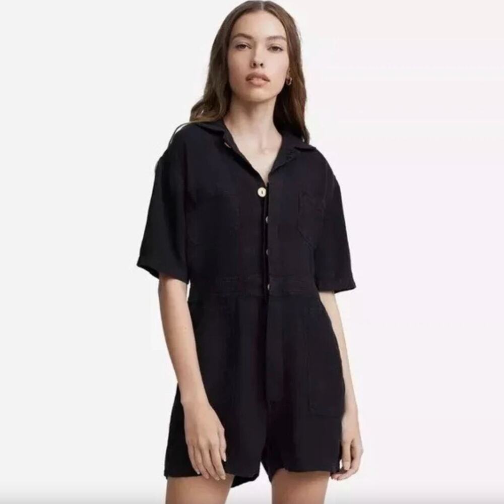 MATE the Label 100% Linen Romper Black Button Front Jumper Relax Lounge Med